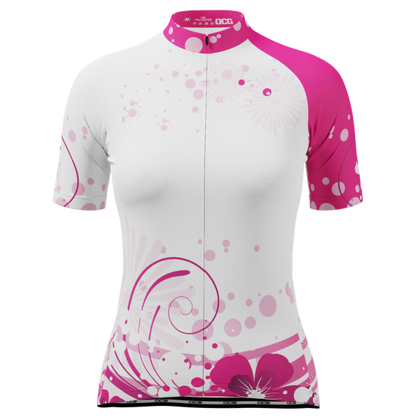 Women's Pink Floral Swirl Short Sleeve Cycling Jersey