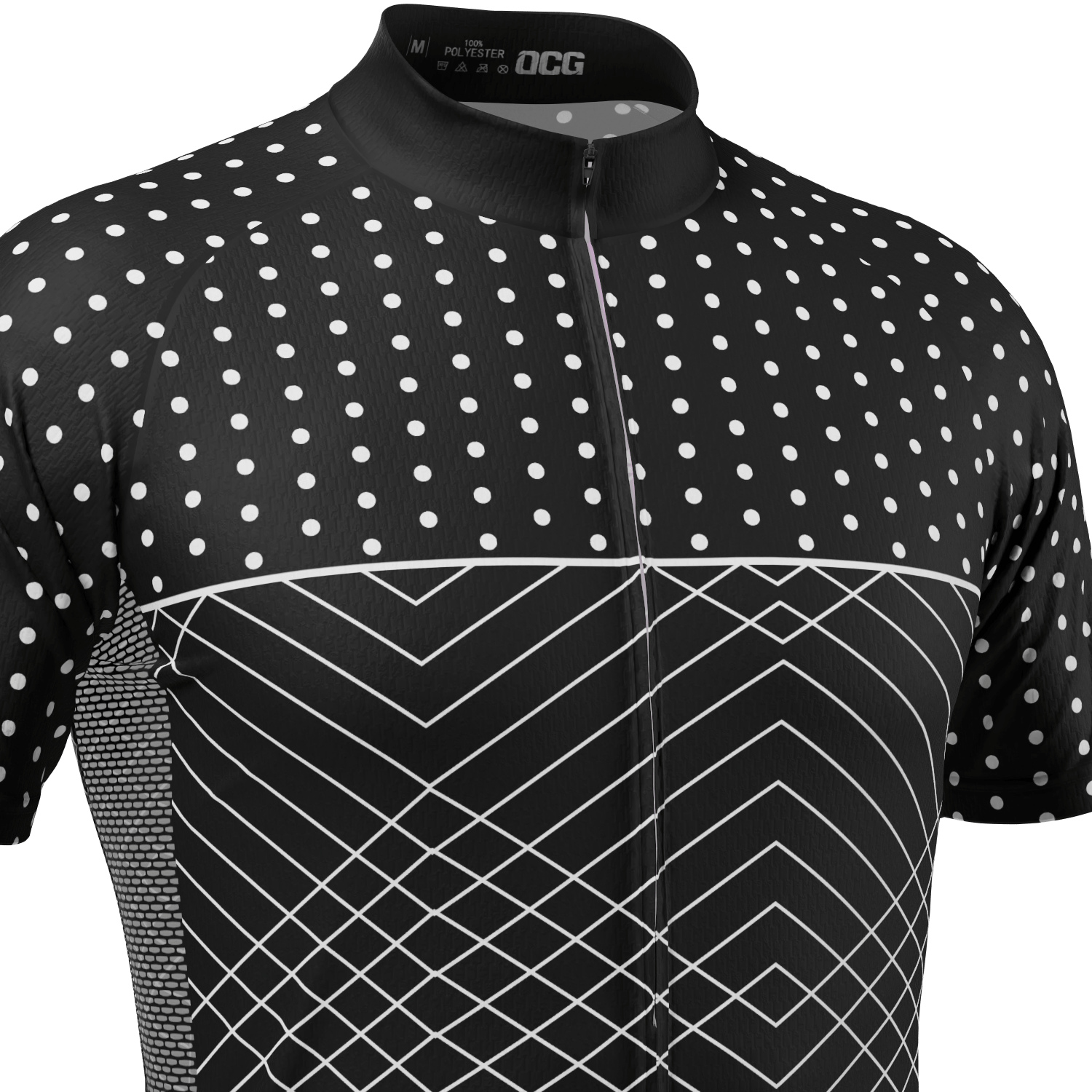 Men's White Polka Dots on Black Zigzag Short Sleeve Cycling Jersey