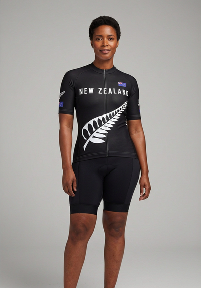 Womens New Zealand Silver Fern Black Cycling Jersey - Black - front view