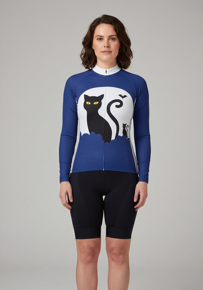 Womens Black Cat Long Sleeve Cycling Jersey - _default - front view