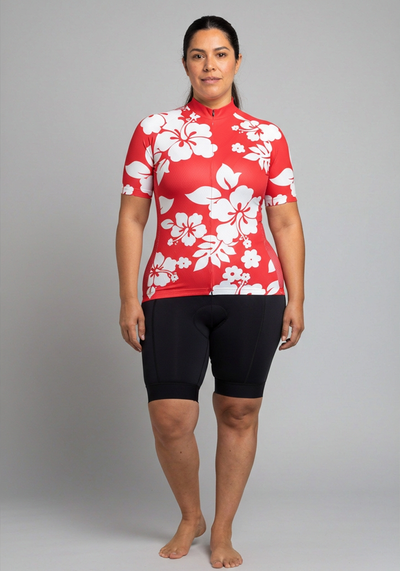 Womens Hawaiian Aloha Floral Cycling Jersey - Red - front view