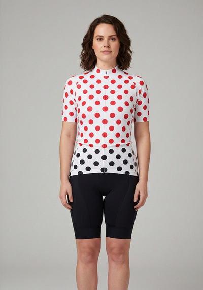 Womens White Polka Dot Short Sleeve Cycling Jersey - Red - front view