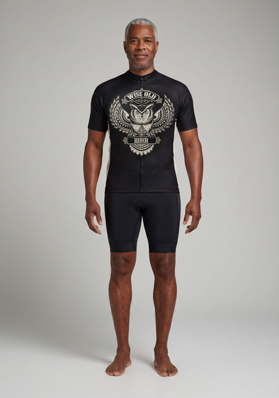 Mens Wise Old Rider Short Sleeve Cycling Jersey - Black - front view