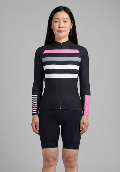 Womens Four Stripe Long Sleeve Cycling Jersey - _default - front view
