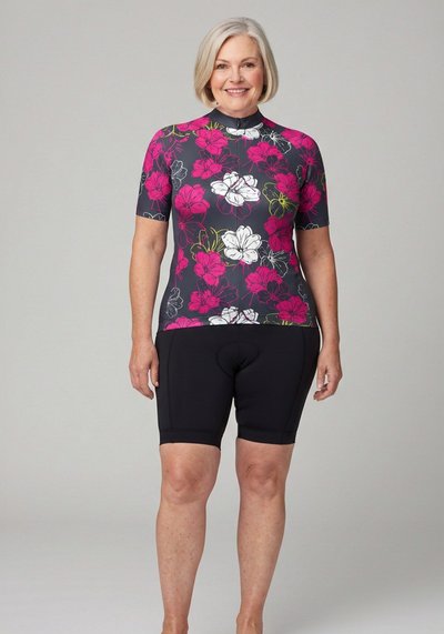 Womens Pink Floral Short Sleeve Cycling Jersey - _default - front view