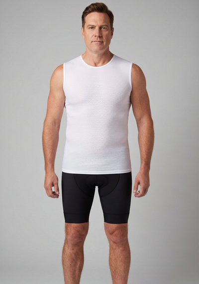 Mens White Mesh Sleeveless Cycling Base Layer - front view