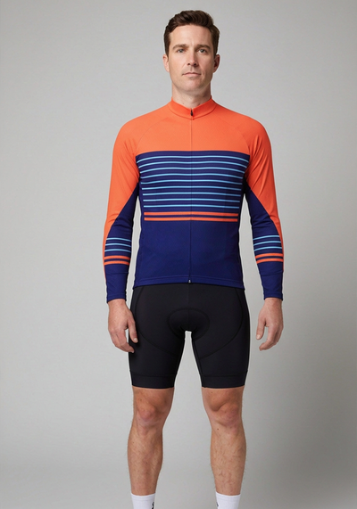 Mens Orange Blue Stripe Long Sleeve Cycling Jersey - front view