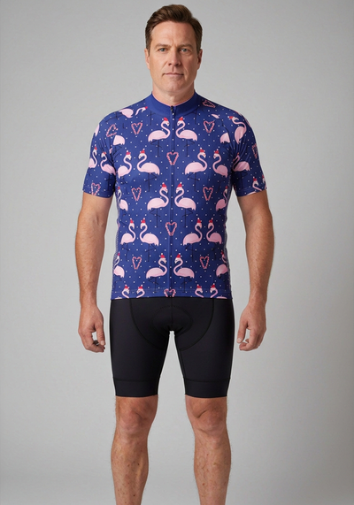 Mens Flamingo Santa Short Sleeve Cycling Jersey - front view