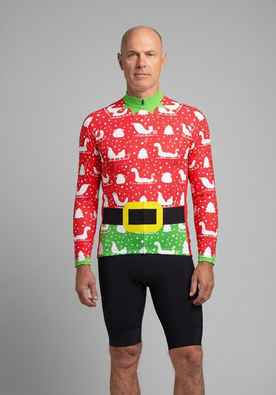 Mens Christmas Elf Long Sleeve Cycling Jersey - front view