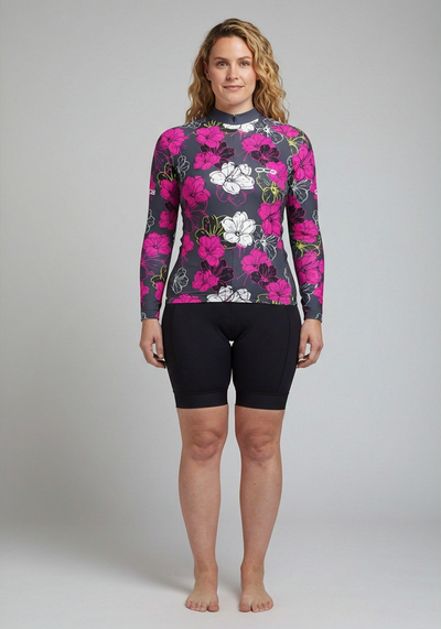 Womens Pink Floral Long Sleeve Cycling Jersey - front view