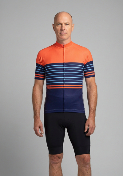 Mens Orange Blue Stripe Short Sleeve Cycling Jersey - front view