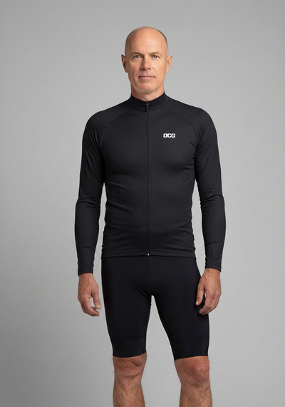 Mens Plain Color Block Long Sleeve Cycling Jersey - Black - front view
