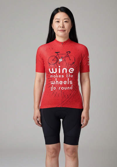 Womens Wine Makes The Wheels Go Round Short Sleeve Cycling Jersey - Red - front view