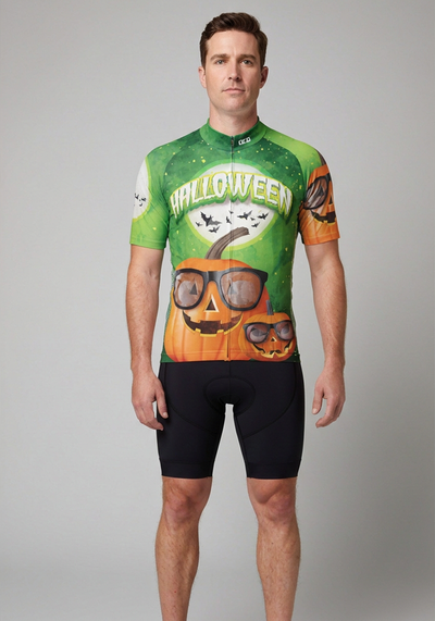 Mens Halloween Pumpkin Glasses Short Sleeve Cycling Jersey - front view