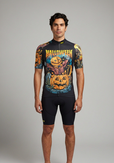 Mens Halloween Scarecrow Pumpkin Head Short Sleeve Cycling Jersey - front view