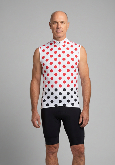 Mens White Polka Dot Sleeveless Cycling Jersey - Red - front view