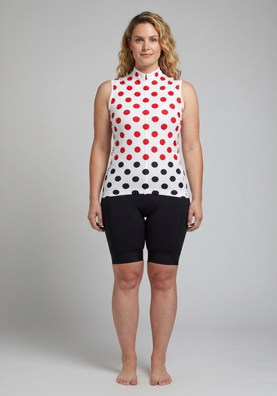 Womens White Polka Dot Sleeveless Cycling Jersey - Red - front view