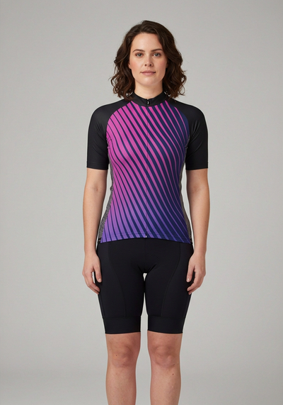 Womens Disco Stripe Black Short Sleeve Cycling Jersey - Black - front view