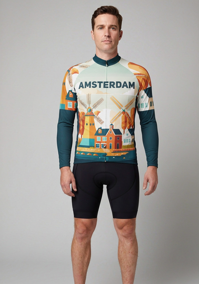 Mens Around The World Amsterdam Long Sleeve Cycling Jersey - front view