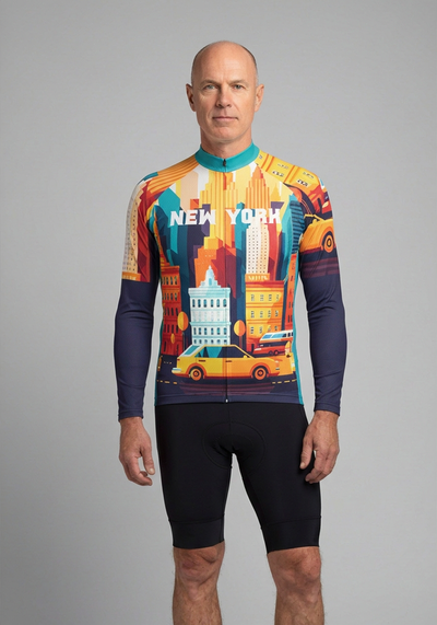 Mens Around The World New York Long Sleeve Cycling Jersey - front view
