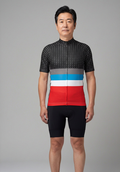 Mens Orange Tri Stripe Polka Dot Short Sleeve Cycling Jersey - front view