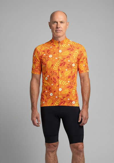 Mens Autumn Leaves Bright Short Sleeve Cycling Jersey - front view