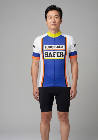 Mens Retro 1978 Ludo Safir Short Sleeve Cycling Jersey - front view