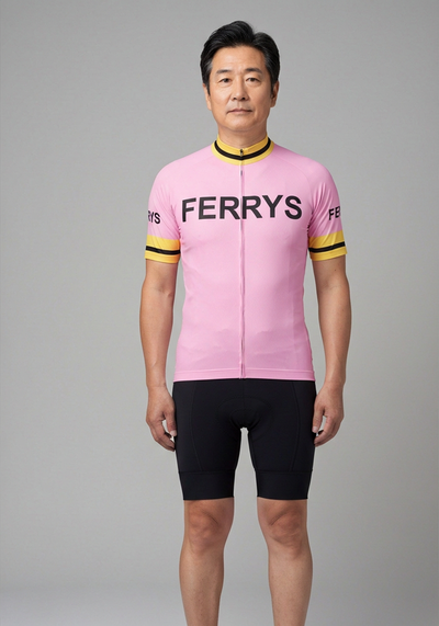 Mens Retro Ferrys 1960s Pink Short Sleeve Cycling Jersey - front view