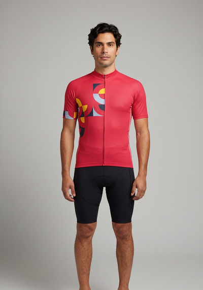 Mens Mosaic Blocks Short Sleeve Cycling Jersey - Red - front view