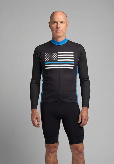 Mens Blue American National Flag Long Sleeve Cycling Jersey - front view
