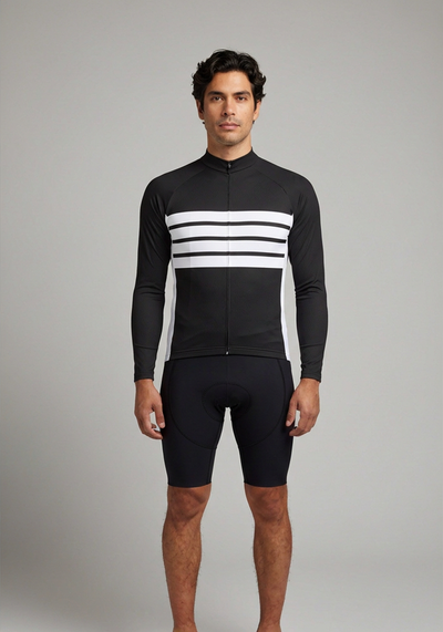 Mens Retro Four Stripe Black Long Sleeve Cycling Jersey - front view