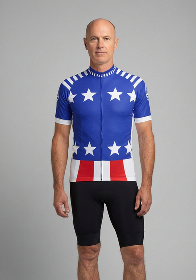 Mens Blue Americas Short Sleeve Cycling Jersey - front view