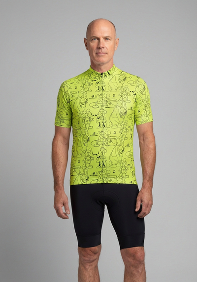 Mens Steamboat Willie Mickey Minnie Sketches Short Sleeve Cycling Jersey - Lime - front view