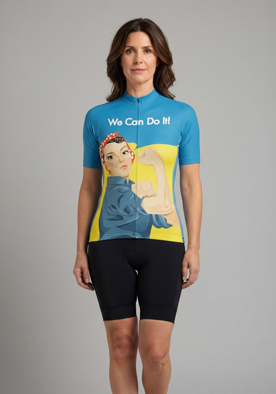 Womens Rosie Riveter Short Sleeve Cycling Jersey - Blue - front view