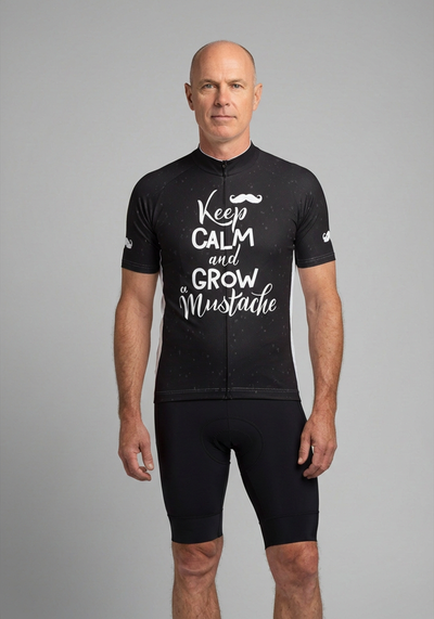 Mens Keep Calm Mustache Short Sleeve Cycling Jersey - Black - front view