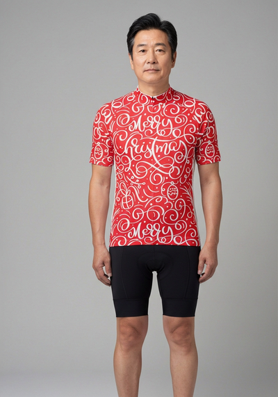 Mens Christmas Swirl Short Sleeve Cycling Jersey - Red - front view