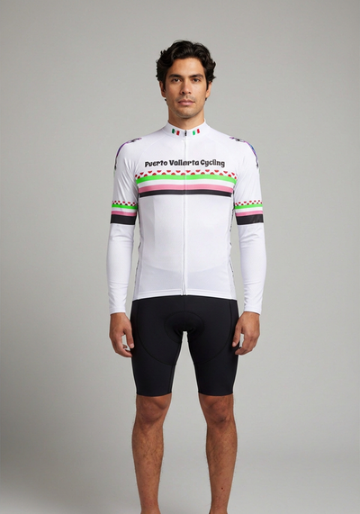 Mens Puerto Vallarta Polka Dot Long Sleeve Cycling Jersey - White - front view