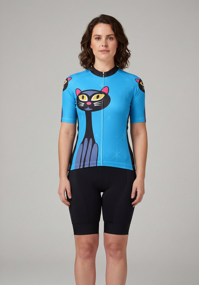 Womens Night Cat Blue Cycling Jersey - _default - front view