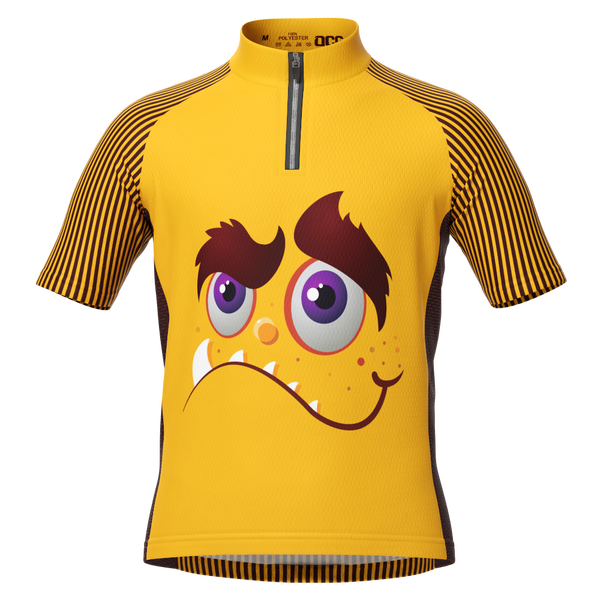 Kid's Yellow Striped Monster Short Sleeve Cycling Jersey