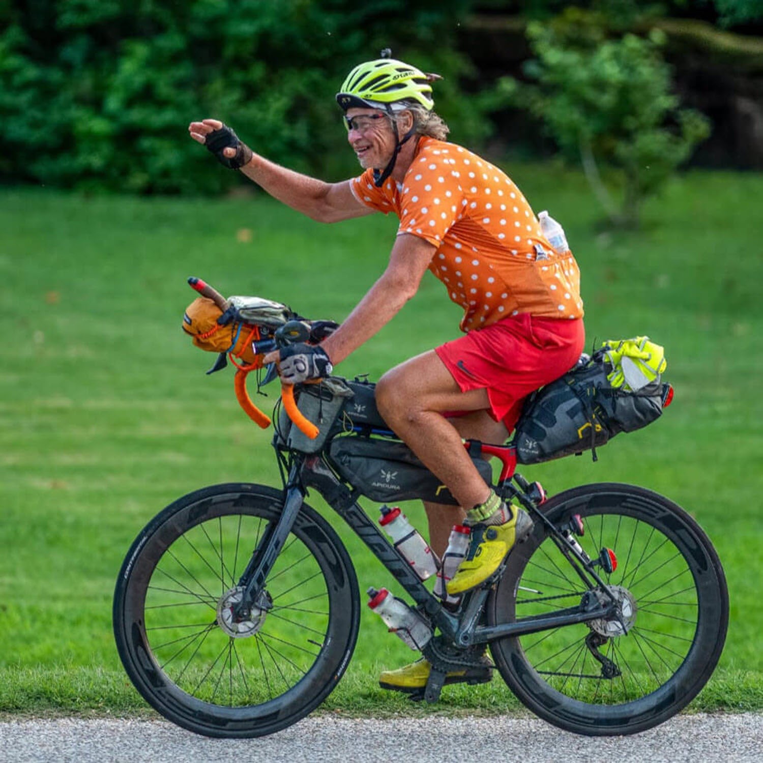 Men's High Viz White Polka Dots on Orange Short Sleeve Cycling Jersey
