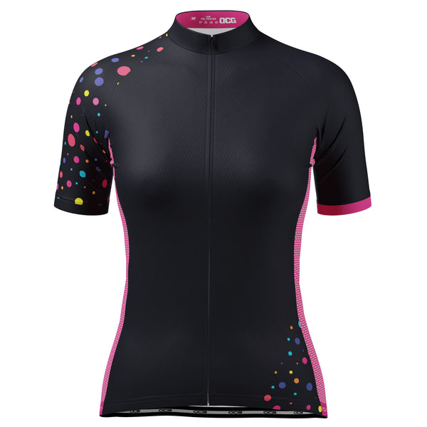 Women's Rainbow Polka Dots On Black Short Sleeve Cycling Jersey