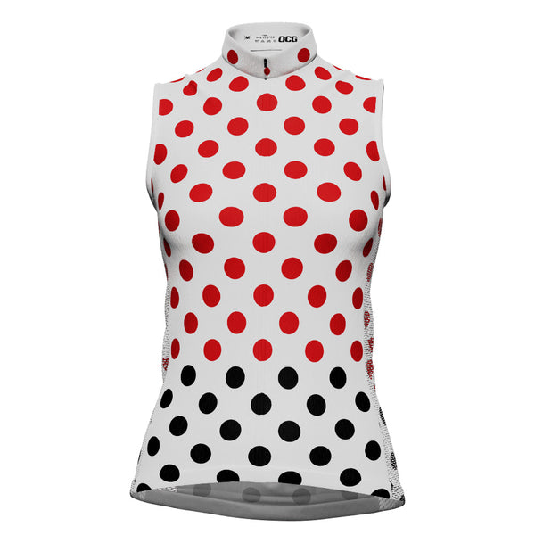 Women's Red Polka Dots on White Sleeveless Tech Cycling Jersey