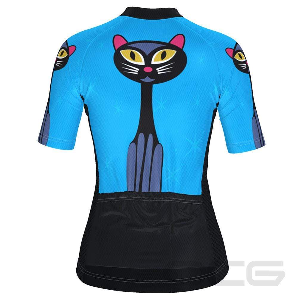 Womens Starry Night Cat Blue Short Sleeve Cycling Jersey